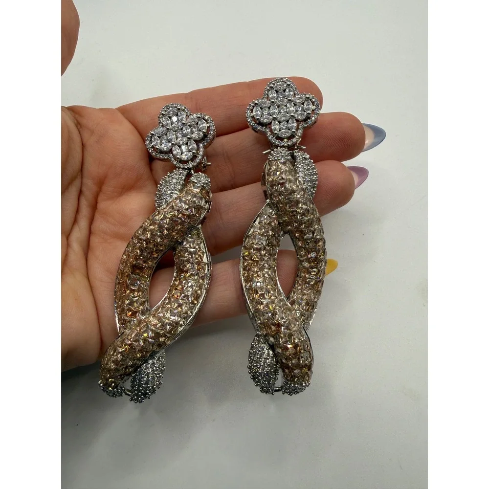 Champagne Crystal Twisted Drop Statement Earrings‎ Silver Tone Clover Post 3.5